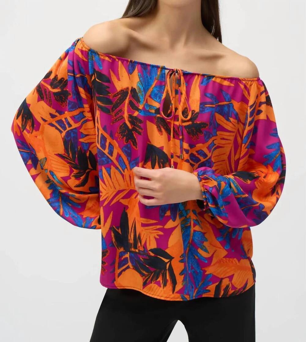 NEW JOSEPH RIBKOFF tropical print long sleeves off-shoulder top in multi